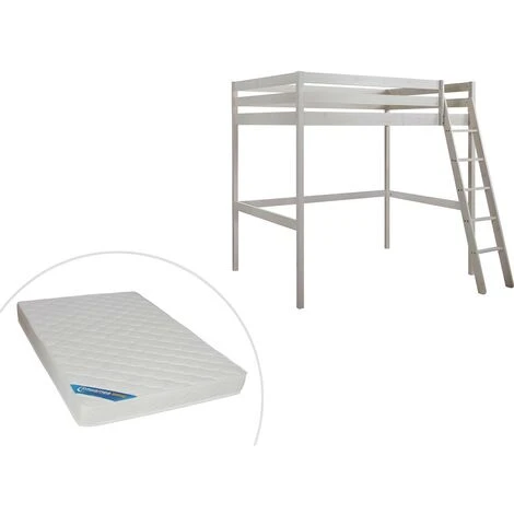 Letto A Soppalco + Materasso 140 X 190 Cm Pino Massello Sbiancato - GEDEON II 3 Letto A Soppalco + Materasso 140 X 190 Cm Pino Massello Sbiancato - GEDEON II