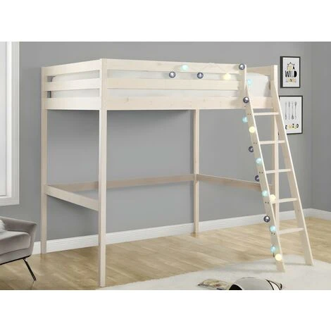 Letto A Soppalco + Materasso 140 X 190 Cm Pino Massello Sbiancato - GEDEON II 4 Letto A Soppalco + Materasso 140 X 190 Cm Pino Massello Sbiancato - GEDEON II - immagine 2