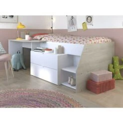 Letto Singolo Con Scrivania Integrata E Vani Portaoggetti Inclusi 90 X 200 Cm Bianco E Rovere - GISELE -Cameretta Per Bambini 59285556 2