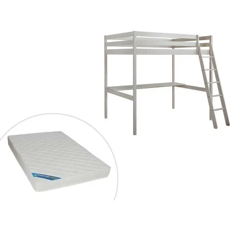 Letto A Soppalco + Materasso E Scrivania 140 X 190 Cm Pino Massello Sbiancato - GEDEON II 3 Letto A Soppalco + Materasso E Scrivania 140 X 190 Cm Pino Massello Sbiancato - GEDEON II