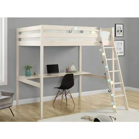 Letto A Soppalco + Materasso E Scrivania 140 X 190 Cm Pino Massello Sbiancato - GEDEON II 4 Letto A Soppalco + Materasso E Scrivania 140 X 190 Cm Pino Massello Sbiancato - GEDEON II - immagine 2