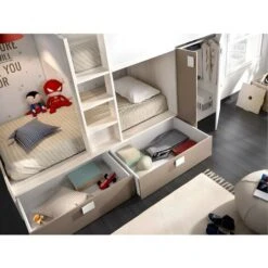Letto A Castello 2 X 90 X 190 Cm - Armadio Integrato - Bianco, Naturale E Tortora - JUANITO -Cameretta Per Bambini 59316902 3