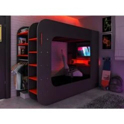 Letto A Soppalco Gamer + Materasso Con Scrivania, Scomparti E LED 90 X 200 Cm Antracite E Rosso - WARRIOR -Cameretta Per Bambini 59966822 2