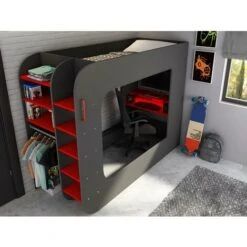 Letto A Soppalco Gamer + Materasso Con Scrivania, Scomparti E LED 90 X 200 Cm Antracite E Rosso - WARRIOR -Cameretta Per Bambini 59966822 3
