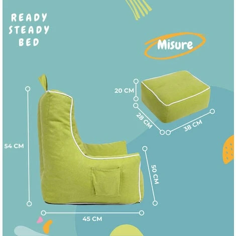 Ready Steady Bed - Pouf Per Bambini Con Sgabello, Poltrona Ergonomica Per Bambini, Lime 3 Ready Steady Bed - Pouf Per Bambini Con Sgabello, Poltrona Ergonomica Per Bambini, Lime - immagine 2