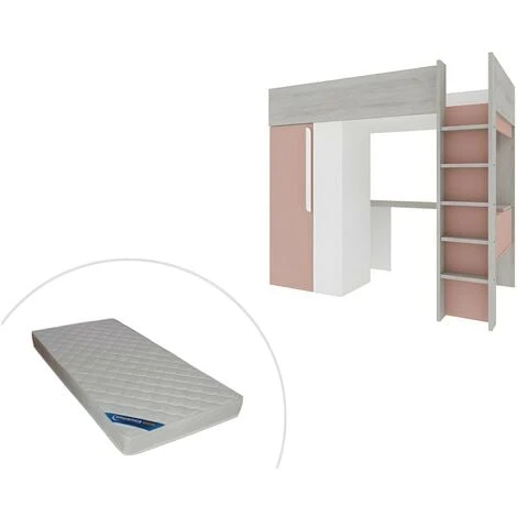 Letto A Soppalco + Materasso Con Armadio E Scrivania 90 X 200 Cm Rosa E Bianco - NICOLAS 3 Letto A Soppalco + Materasso Con Armadio E Scrivania 90 X 200 Cm Rosa E Bianco - NICOLAS