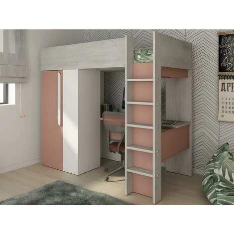 Letto A Soppalco + Materasso Con Armadio E Scrivania 90 X 200 Cm Rosa E Bianco - NICOLAS 4 Letto A Soppalco + Materasso Con Armadio E Scrivania 90 X 200 Cm Rosa E Bianco - NICOLAS - immagine 2