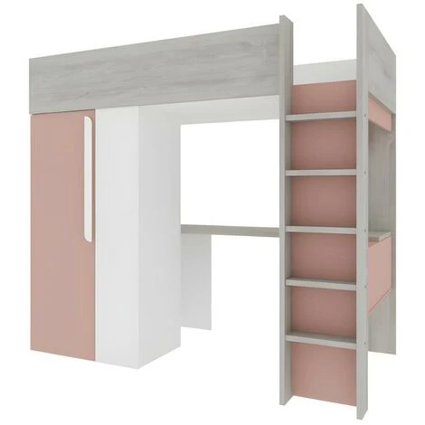 Letto A Soppalco + Materasso Con Armadio E Scrivania 90 X 200 Cm Rosa E Bianco - NICOLAS 6 Letto A Soppalco + Materasso Con Armadio E Scrivania 90 X 200 Cm Rosa E Bianco - NICOLAS - immagine 4