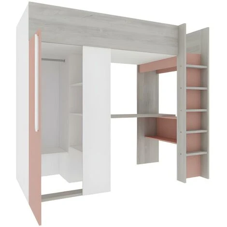 Letto A Soppalco + Materasso Con Armadio E Scrivania 90 X 200 Cm Rosa E Bianco - NICOLAS 7 Letto A Soppalco + Materasso Con Armadio E Scrivania 90 X 200 Cm Rosa E Bianco - NICOLAS - immagine 5