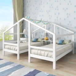 Letto Per Bambini 90x200 Cm Con Protezione Anticaduta, Comodino E Rete A Doghe, Due Letti Singoli Letti Per Ragazzi Letto Sotto Lo Stesso Tetto, Bianco
