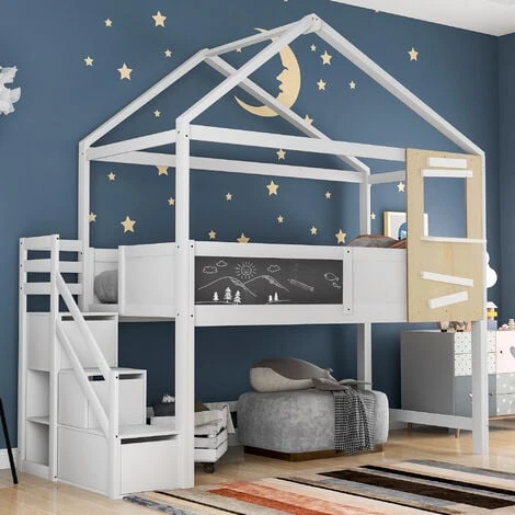 Letto Per Bambini Letto A Soppalco 90x200 Cm Letto Di Casa Con Scale, Finestra, Asse E 3 Cassetti, Casetta Per Bambini In Legno Massello Con Recinzione E Rete A Doghe, Bianco 3 Letto Per Bambini Letto A Soppalco 90x200 Cm Letto Di Casa Con Scale, Finestra, Asse E 3 Cassetti, Casetta Per Bambini In Legno Massello Con Recinzione E Rete A Doghe, Bianco