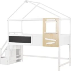 Letto Per Bambini Letto A Soppalco 90x200 Cm Letto Di Casa Con Scale, Finestra, Asse E 3 Cassetti, Casetta Per Bambini In Legno Massello Con Recinzione E Rete A Doghe, Bianco 10 Letto Per Bambini Letto A Soppalco 90x200 Cm Letto Di Casa Con Scale, Finestra, Asse E 3 Cassetti, Casetta Per Bambini In Legno Massello Con Recinzione E Rete A Doghe, Bianco -Cameretta Per Bambini 61079751 4