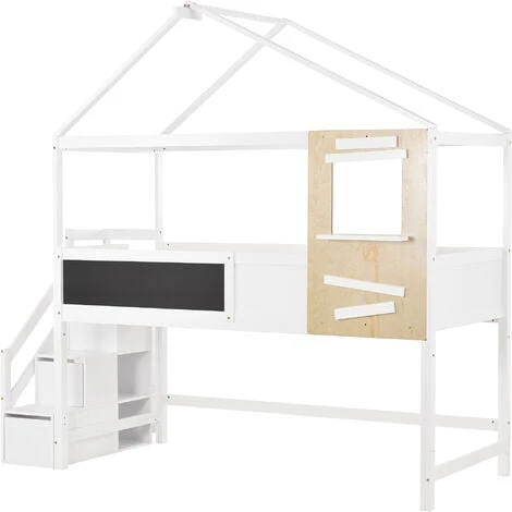 Letto Per Bambini Letto A Soppalco 90x200 Cm Letto Di Casa Con Scale, Finestra, Asse E 3 Cassetti, Casetta Per Bambini In Legno Massello Con Recinzione E Rete A Doghe, Bianco 6 Letto Per Bambini Letto A Soppalco 90x200 Cm Letto Di Casa Con Scale, Finestra, Asse E 3 Cassetti, Casetta Per Bambini In Legno Massello Con Recinzione E Rete A Doghe, Bianco - immagine 4