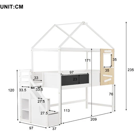 Letto Per Bambini Letto A Soppalco 90x200 Cm Letto Di Casa Con Scale, Finestra, Asse E 3 Cassetti, Casetta Per Bambini In Legno Massello Con Recinzione E Rete A Doghe, Bianco 7 Letto Per Bambini Letto A Soppalco 90x200 Cm Letto Di Casa Con Scale, Finestra, Asse E 3 Cassetti, Casetta Per Bambini In Legno Massello Con Recinzione E Rete A Doghe, Bianco - immagine 5