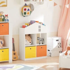 SoBuy Libreria Per Bambini Scaffale Per Bambini Con 2 Scatole In Tessuto Organizer Per Giocattoli Bianco KMB49-W -Cameretta Per Bambini 63700682 5