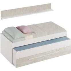 Dmora Letto Singolo Sunnyvale, Struttura Letto Per Cameretta, Letto Singolo Con Lettino Estraibile E Cassettone E Mensola Abbinata, Cm 199x96h65, Bianco E Bianco Vintage