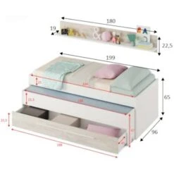 Dmora Letto Singolo Sunnyvale, Struttura Letto Per Cameretta, Letto Singolo Con Lettino Estraibile E Cassettone E Mensola Abbinata, Cm 199x96h65, Bianco E Bianco Vintage -Cameretta Per Bambini 63752691 3