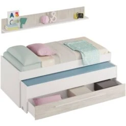 Dmora Letto Singolo Sunnyvale, Struttura Letto Per Cameretta, Letto Singolo Con Lettino Estraibile E Cassettone E Mensola Abbinata, Cm 199x96h65, Bianco E Bianco Vintage -Cameretta Per Bambini 63752691 4