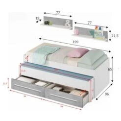 Dmora Letto Singolo Fairfield, Struttura Letto Per Cameretta, Letto Singolo Con Lettino Estraibile E 2 Cassetti E Mensola, Cm 199x96h65, Bianco E Cemento -Cameretta Per Bambini 63752867 3