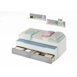 Dmora Letto Singolo Fairfield, Struttura Letto Per Cameretta, Letto Singolo Con Lettino Estraibile E 2 Cassetti E Mensola, Cm 199x96h65, Bianco E Cemento -Cameretta Per Bambini 63752867 4