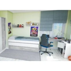 Dmora Letto Singolo Fairfield, Struttura Letto Per Cameretta, Letto Singolo Con Lettino Estraibile E 2 Cassetti E Mensola, Cm 199x96h65, Bianco E Cemento -Cameretta Per Bambini 63752867 5