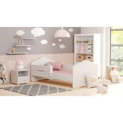 Dmora Letto Singolo Per Bambini, Lettino Per Cameretta, Letto Con Protezione Anticaduta E Testiera A Nuvola, Cm 164x88h63, Colore Bianco