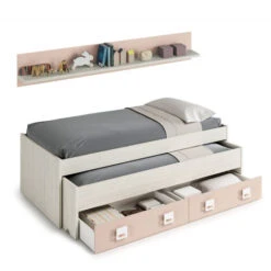 Dmora Letto Singolo Fairfield, Struttura Letto Per Cameretta, Letto Singolo Con Lettino Estraibile E 2 Cassetti E Mensola, Cm 199x96h65, Bianco E Rosa -Cameretta Per Bambini 63754194 4