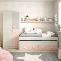 Dmora Letto Singolo Fairfield, Struttura Letto Per Cameretta, Letto Singolo Con Lettino Estraibile E 2 Cassetti E Mensola, Cm 199x96h65, Bianco E Rosa -Cameretta Per Bambini 63754194 5