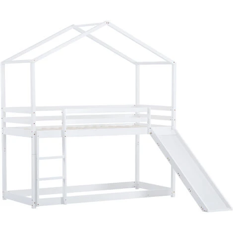 Letto A Castello, Letto A Castello Basso Con Scivolo, Giroletto A Castello In Legno Massello Con Rete A Doghe 90 X 200 Cm, Bianco 6 Letto A Castello, Letto A Castello Basso Con Scivolo, Giroletto A Castello In Legno Massello Con Rete A Doghe 90 X 200 Cm, Bianco - immagine 4