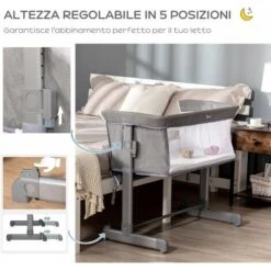 HOMCOM Culla Fianco Letto Con Altezza Regolabile, Lettino Co-Sleeping Pieghevole Con Tessuto A Rete E Borsa Di Trasporto, 86x50x83cm, Grigio -Cameretta Per Bambini 64446188 4