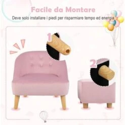 COSTWAY Set Di Poltrona E Poggiapiedi Per Bambini, Poltrona Per Cameretta In Velluto Olandese Con Sgabello Abbinato E Spalliera A Bottoni, Divano Per Bambini 3-5 Anni, 51 X 51 X 49,5 Cm -Cameretta Per Bambini 64446234 4