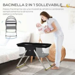 HOMCOM Culla Da Campeggio 2 In 1 Con Lettino A Dondolo, Culla Pieghevole Con Materassino E Zanzariera Età 0-6 Mesi, 59x55x67/69cm, Nero -Cameretta Per Bambini 64446841 4