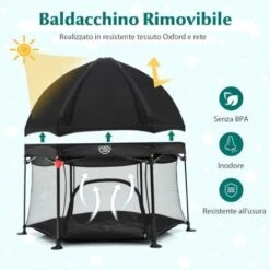 COSTWAY Box Per Bambini Con Tettuccio Rimovibile, Box Esagonale Pieghevole Con Borsa Di Trasporto, Tappetino, Centro Attività Per Bambini E Neonati, 134x132x132 Cm (Nero) -Cameretta Per Bambini 64449016 3