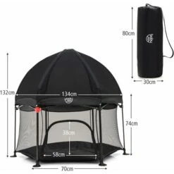 COSTWAY Box Per Bambini Con Tettuccio Rimovibile, Box Esagonale Pieghevole Con Borsa Di Trasporto, Tappetino, Centro Attività Per Bambini E Neonati, 134x132x132 Cm (Nero) -Cameretta Per Bambini 64449016 5