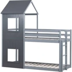 Letto A Castello 90x200 Cm Con Scaletta, Tetto E Protezione Anticaduta, Lettino A Soppalco In Pino Massiccio Per Due Bambini, Grigio -Cameretta Per Bambini 64934609 3