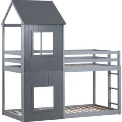 Letto A Castello 90x200 Cm Con Scaletta, Tetto E Protezione Anticaduta, Lettino A Soppalco In Pino Massiccio Per Due Bambini, Grigio -Cameretta Per Bambini 64934609 4