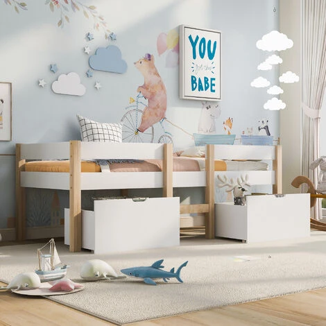 Letto Per Bambini A Mezza Altezza 90 X 190 Cm Con 2 Maxi Cassetti - Bianco/Legno 4 Letto Per Bambini A Mezza Altezza 90 X 190 Cm Con 2 Maxi Cassetti - Bianco/Legno - immagine 2