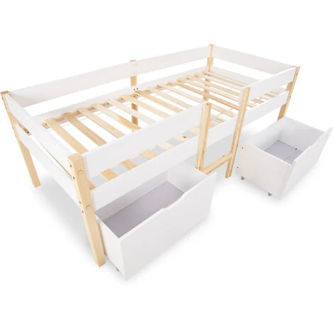 Letto Per Bambini A Mezza Altezza 90 X 190 Cm Con 2 Maxi Cassetti - Bianco/Legno 6 Letto Per Bambini A Mezza Altezza 90 X 190 Cm Con 2 Maxi Cassetti - Bianco/Legno - immagine 4