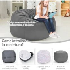 RELAX4LIFE Poltrona Sacco, Pouf, Sedile Singolo, Rivestimento Interno E Fodera In Velluto, Imbottitura In Spugna, Per Soggiorno, Camera Da Letto, Ufficio, Grigio, Peso Massimo 150 Kg, 91x91x61 Cm -Cameretta Per Bambini 67415291 4