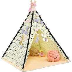 RELAX4LIFE Tenda Indiana Per Bambini, Tenda Da Gioco Con Tappetino Imbottito Morbido, Tenda Da Interno Per Bambini In Tessuto Di Cotone Con Struttura In Legno Di Pino, 120 X 120 X 150 Cm