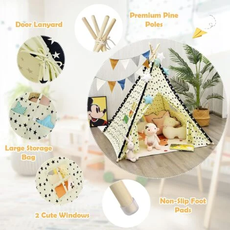 RELAX4LIFE Tenda Indiana Per Bambini, Tenda Da Gioco Con Tappetino Imbottito Morbido, Tenda Da Interno Per Bambini In Tessuto Di Cotone Con Struttura In Legno Di Pino, 120 X 120 X 150 Cm 4 RELAX4LIFE Tenda Indiana Per Bambini, Tenda Da Gioco Con Tappetino Imbottito Morbido, Tenda Da Interno Per Bambini In Tessuto Di Cotone Con Struttura In Legno Di Pino, 120 X 120 X 150 Cm - immagine 2