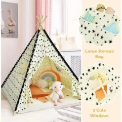 RELAX4LIFE Tenda Indiana Per Bambini, Tenda Da Gioco Con Tappetino Imbottito Morbido, Tenda Da Interno Per Bambini In Tessuto Di Cotone Con Struttura In Legno Di Pino, 120 X 120 X 150 Cm 8 RELAX4LIFE Tenda Indiana Per Bambini, Tenda Da Gioco Con Tappetino Imbottito Morbido, Tenda Da Interno Per Bambini In Tessuto Di Cotone Con Struttura In Legno Di Pino, 120 X 120 X 150 Cm -Cameretta Per Bambini 67415452 3
