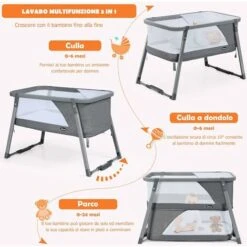 DREAMADE Lettino Da Viaggio 3 In 1 Convertibile In Letto A Dondolo E Letto Da Gioco, Box Culla Neonato Regolabile Con Materasso Per 0 A 24 Mesi, Carico Massimo 22 Kg, Grigio, In Metallo, 107x64x71 Cm -Cameretta Per Bambini 67647437 2