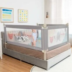 DREAMADE Paraurti Per Letto, Barriera Letto, Protezione Sponda Di Sicurezza Con 24 Altezze Regolabili, Con Doppia Serratura, Barriera Portatile Protettiva, Grigia In Ferro E Tela (175cm Modello1)