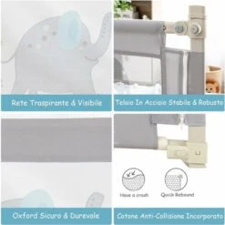 DREAMADE Paraurti Per Letto, Barriera Letto, Protezione Sponda Di Sicurezza Con 24 Altezze Regolabili, Con Doppia Serratura, Barriera Portatile Protettiva, Grigia In Ferro E Tela (175cm Modello1) -Cameretta Per Bambini 67647499 4