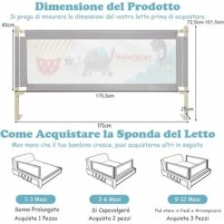 DREAMADE Paraurti Per Letto, Barriera Letto, Protezione Sponda Di Sicurezza Con 24 Altezze Regolabili, Con Doppia Serratura, Barriera Portatile Protettiva, Grigia In Ferro E Tela (175cm Modello1) -Cameretta Per Bambini 67647499 5