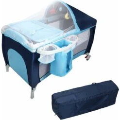DREAMADE Culla Dondola Per Bambini 0-36 Mesi, Carico 15kg, Con Materasso, Fasciatoio, Zanzariera, Giocattoli Appesi, Cestello, Ruota Con Freno, 120x60x76 Cm, Blu
