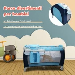DREAMADE Culla Dondola Per Bambini 0-36 Mesi, Carico 15kg, Con Materasso, Fasciatoio, Zanzariera, Giocattoli Appesi, Cestello, Ruota Con Freno, 120x60x76 Cm, Blu -Cameretta Per Bambini 67647513 3