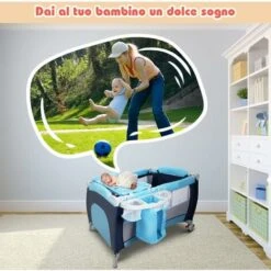 DREAMADE Culla Dondola Per Bambini 0-36 Mesi, Carico 15kg, Con Materasso, Fasciatoio, Zanzariera, Giocattoli Appesi, Cestello, Ruota Con Freno, 120x60x76 Cm, Blu -Cameretta Per Bambini 67647513 4
