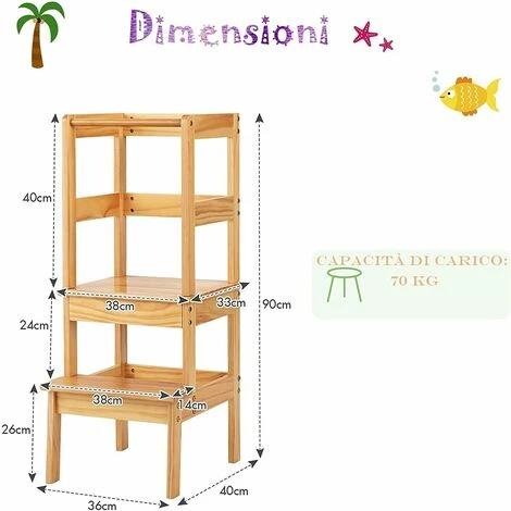 DREAMADE Sedia A Torre Alzabimbo In Legno Di Pino, Sedia Con Poggiapiedi E Barra Anticaduta, Torre Di Apprendimento Con 2 Gradini Per Bambini, Mobile Alzabimbo Per Cameretta/Cucina/Bagno (Naturale) 7 DREAMADE Sedia A Torre Alzabimbo In Legno Di Pino, Sedia Con Poggiapiedi E Barra Anticaduta, Torre Di Apprendimento Con 2 Gradini Per Bambini, Mobile Alzabimbo Per Cameretta/Cucina/Bagno (Naturale) - immagine 5